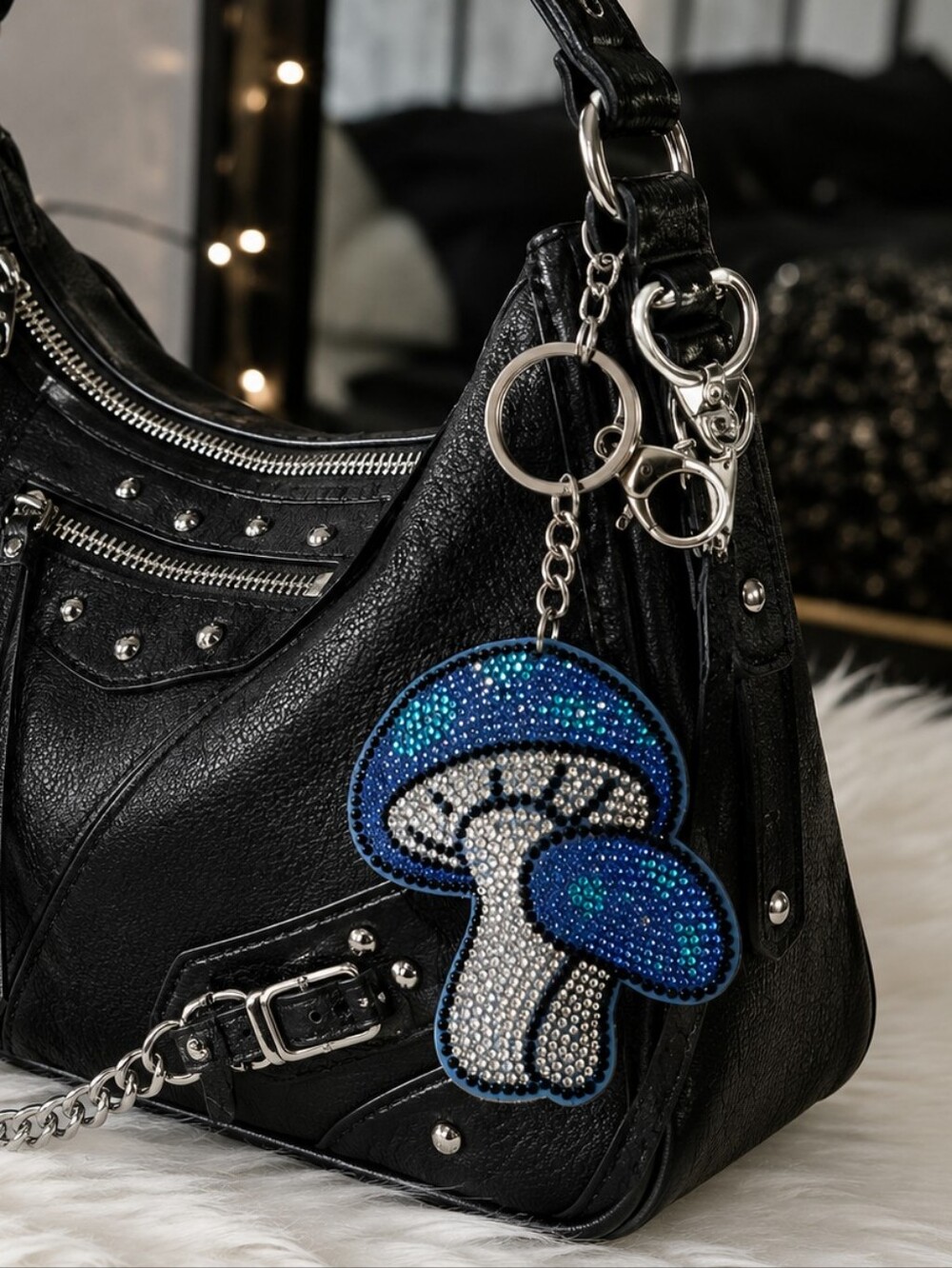 Oversized Rhinestone Mushroom Bag Charm Keychain Blue